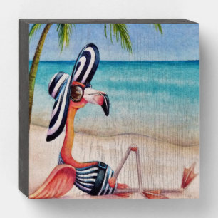 Whimsical Beach Babe Flamingo No. 1 Watercolor Art Wooden Box Sign