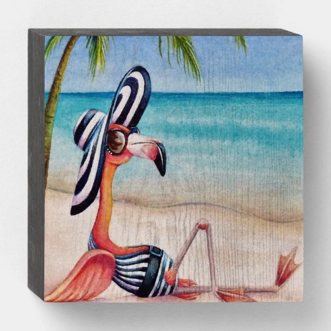 Whimsical Beach Babe Flamingo No. 1 Watercolor Art Wooden Box Sign (Front Horizontal)