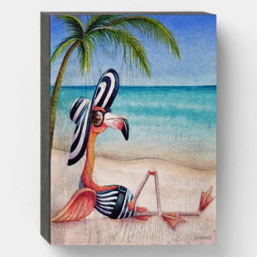 Whimsical Beach Babe Flamingo No 1 Watercolor Art Wooden Box Sign