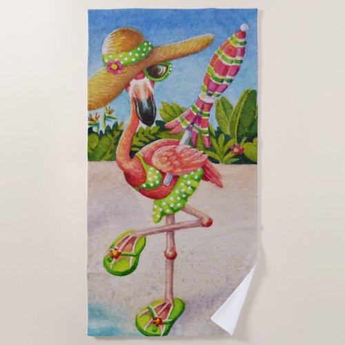 Whimsical Beach Babe Flamingo No 2 Watercolor Art Beach Towel