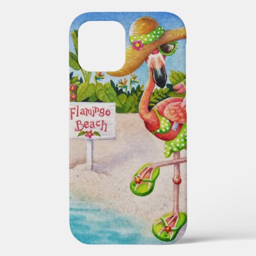 Whimsical Beach Babe Flamingo No 2 Watercolor Art iPhone 12 Case