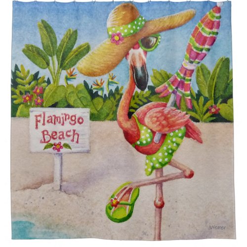 Whimsical Beach Babe Flamingo No 2 Watercolor Art Shower Curtain