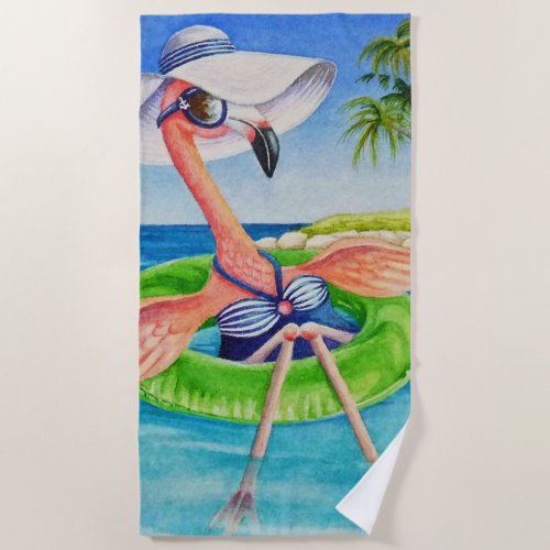 Whimsical Beach Babe Flamingo No 3 Watercolor Art Beach Towel