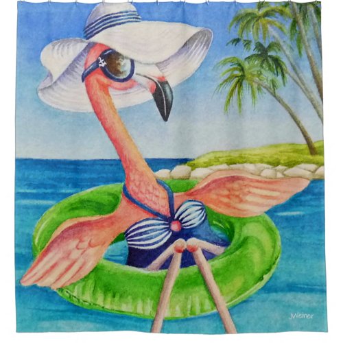 Whimsical Beach Babe Flamingo No 3 Watercolor Art Shower Curtain