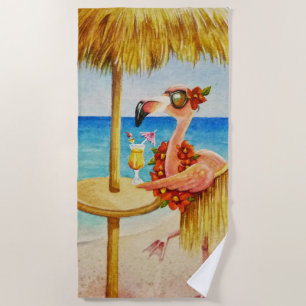 Whimsical Beach Babe Flamingo No. 4 Watercolor Art Beach Towel
