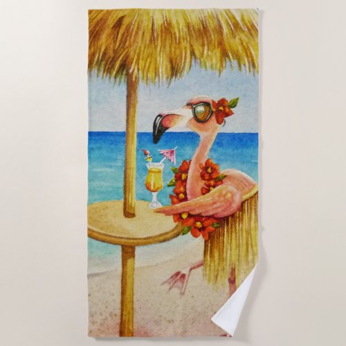 Whimsical Beach Babe Flamingo No 4 Watercolor Art Beach Towel