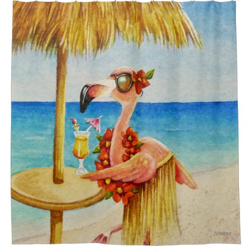 Whimsical Beach Babe Flamingo No 4 Watercolor Art Shower Curtain