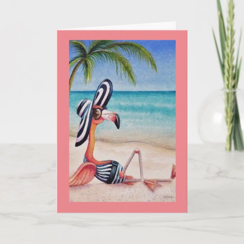 Whimsical Beach Babe Pink Flamingo No 1 Art Card