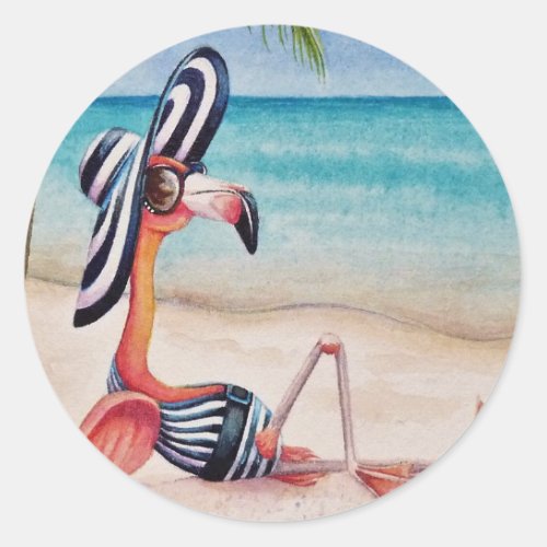 Whimsical Beach Babe Pink Flamingo No 1 Classic Round Sticker