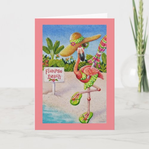 Whimsical Beach Babe Pink Flamingo No 2 Art Card