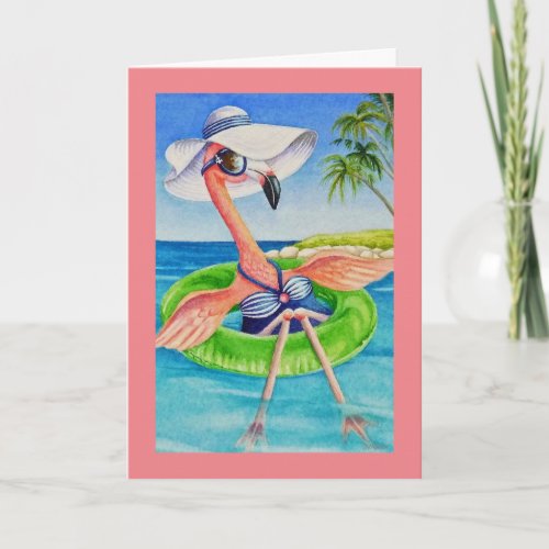 Whimsical Beach Babe Pink Flamingo No 3 Art Card