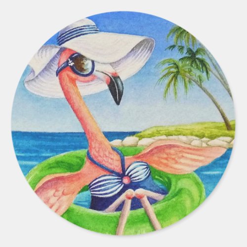 Whimsical Beach Babe Pink Flamingo No 3 Classic Round Sticker