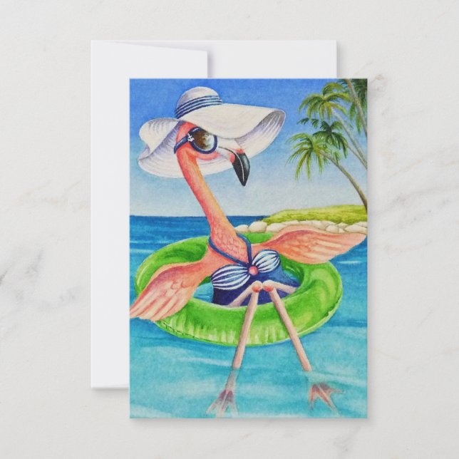 Whimsical Beach Babe Pink Flamingo No. 3 Thank You Card (Front)
