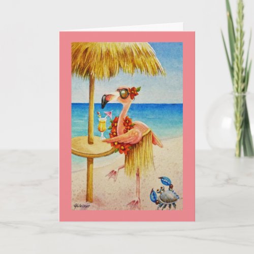 Whimsical Beach Babe Pink Flamingo No 4 Art Card
