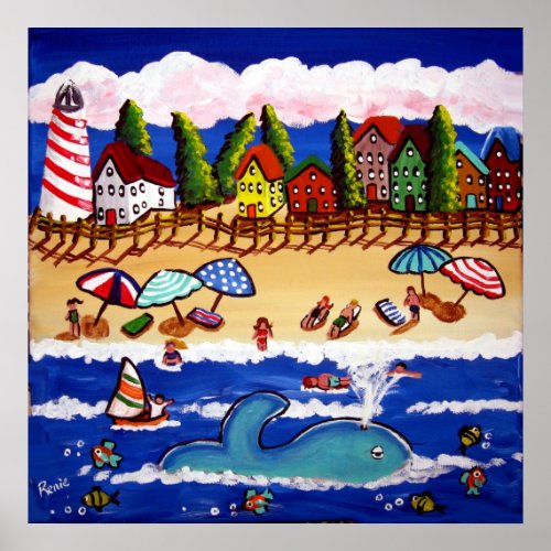 Whimsical Beach Cape Cod Whale Folk Art Poster