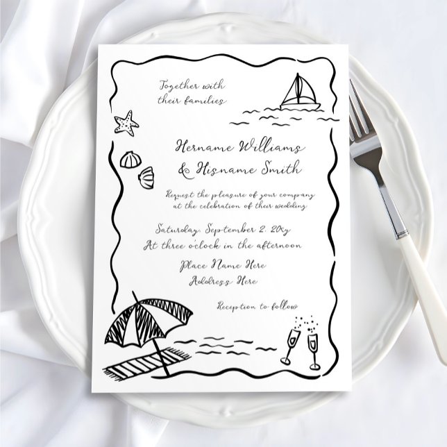 Whimsical Beach Hand Drawn Black White Wedding Invitation (Creator Uploaded)
