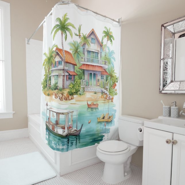 Whimsical Beach Houses Shower Curtain (In Situ)