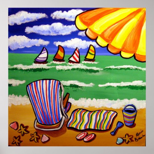 Whimsical Beach Umbrella Chair Folk Art Poster