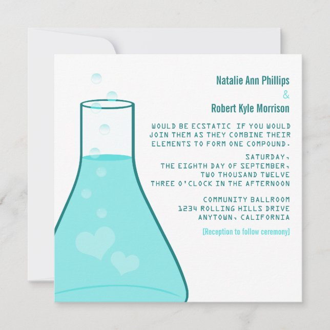 Whimsical Beaker Wedding Invite, Aqua Invitation (Front)