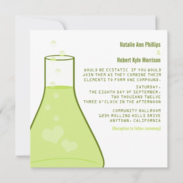 Whimsical Beaker Wedding Invite, Green Invitation (Front)