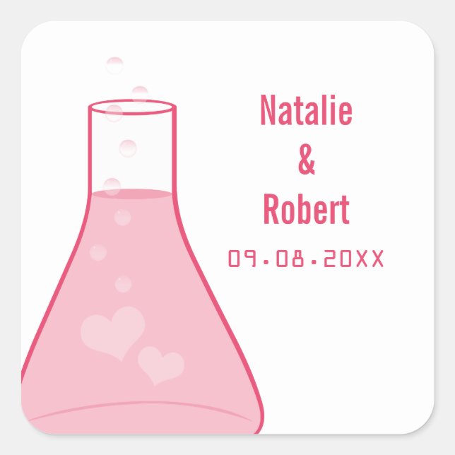 Whimsical Beaker Wedding Stickers, Pink Square Sticker (Front)