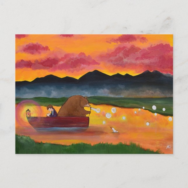 Whimsical Bear and Boy Sunset Art Postcard (Front)