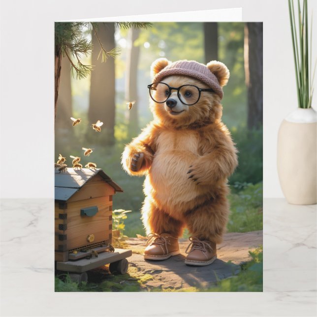 Whimsical Bear Beekeeper in a Sunny Forest Card (Front)