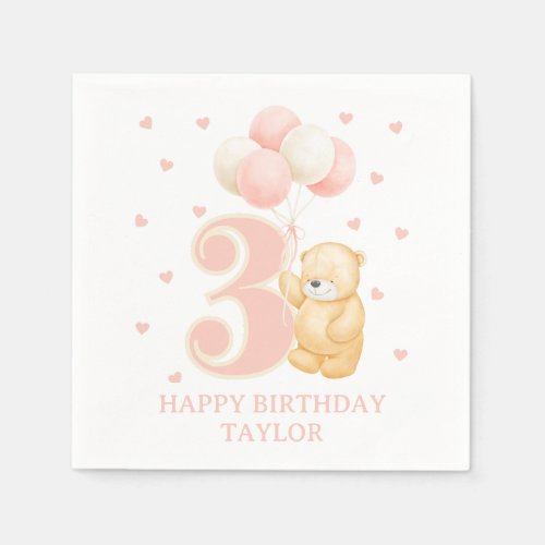 Whimsical Bear Birthday 3 year old Pink Custom Napkins
