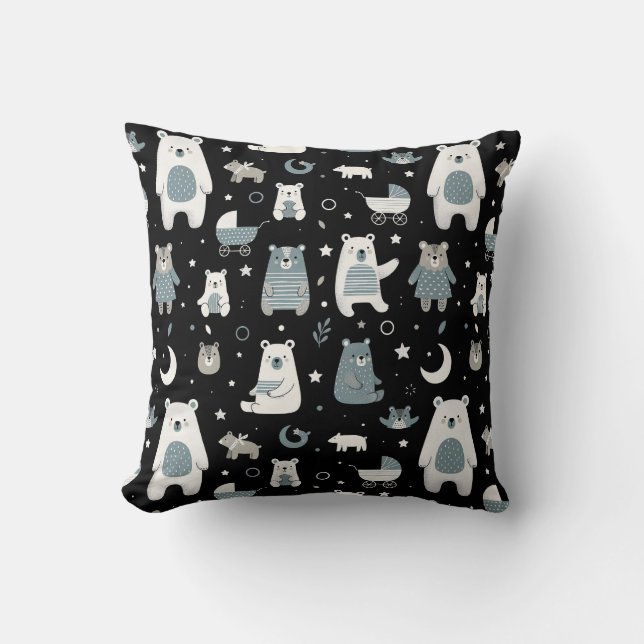 Whimsical Bear Family Pattern Throw Pillow (Front)
