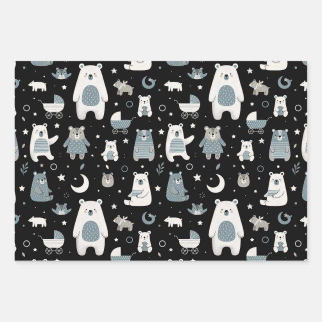 Whimsical Bear Family Pattern Wrapping Paper Sheets (Front)