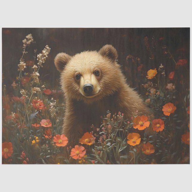 Whimsical Bear in a Wildflower Field Decoupage Tissue Paper (Front)