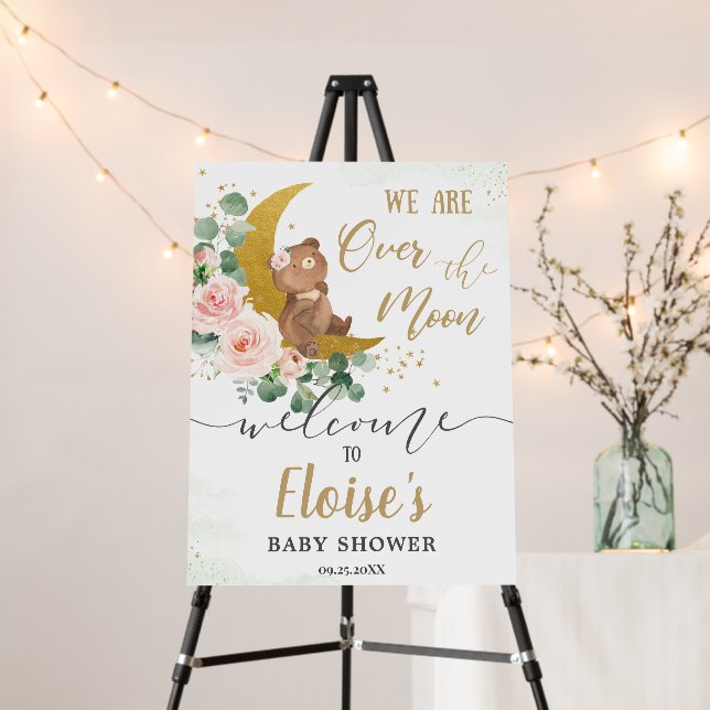 Whimsical Bear Over the Moon Baby Shower Welcome Foam Board (In Situ (Stand))