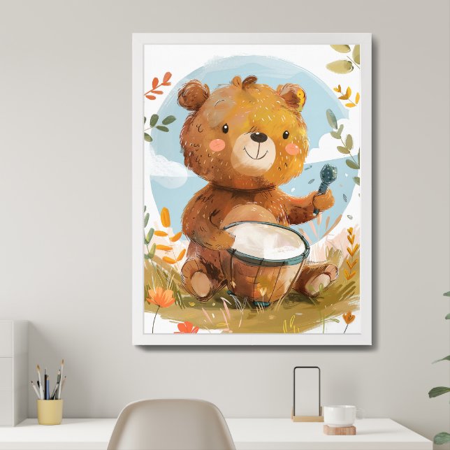 Whimsical Bear Playing Drum Nursery Wall Art (Home Office)