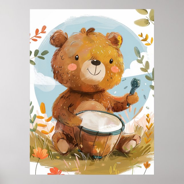 Whimsical Bear Playing Drum Nursery Wall Art (Front)