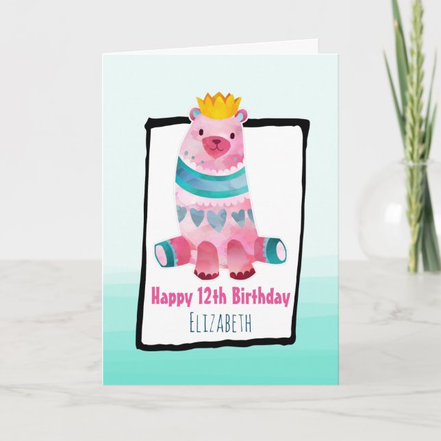 Whimsical Bear Wearing a Crown Happy Birthday Card (Front)