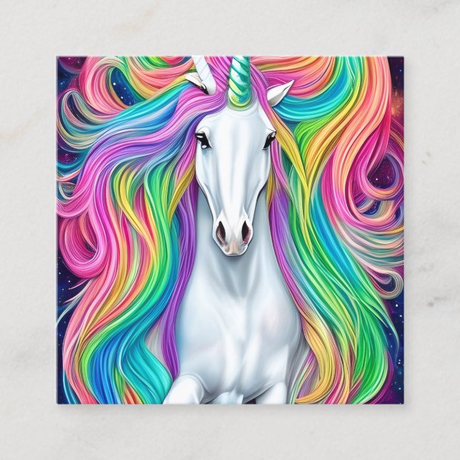 Whimsical Beautiful White Unicorn Horse with Flowi Square Business Card (Front)