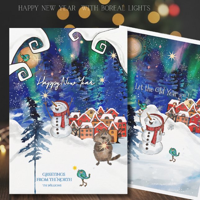 Whimsical Beaver and Snowman Northern Light Holiday Card (Whimsical Beaver and Snowman Northern Light Holiday Card)