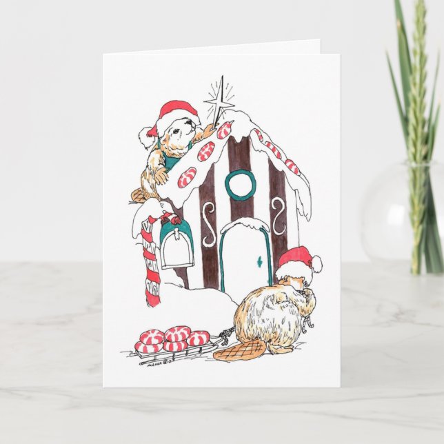 Whimsical Beaver Chalet Decorating Christmas Card (Front)