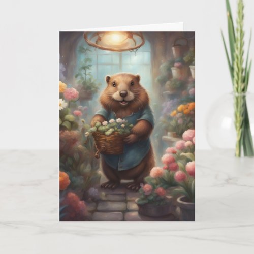 Whimsical Beaver Flower Shop Birthday Greeting Card