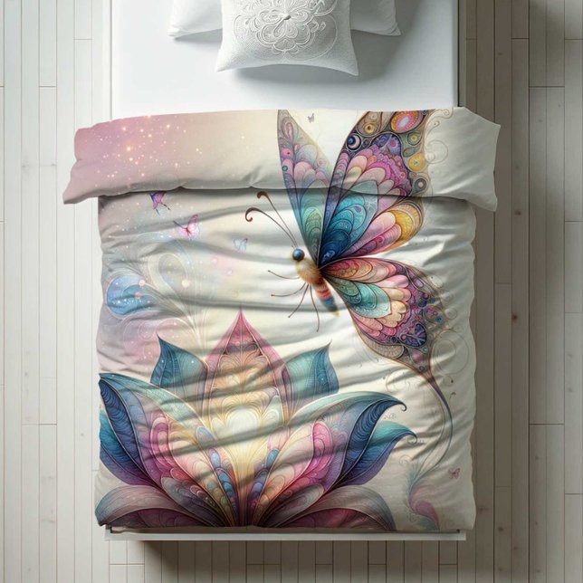 Whimsical Bedroom Decor Duvet Cover (Ethereal butterfly duvet cover in shades of pink, purple, blue and yellow.)