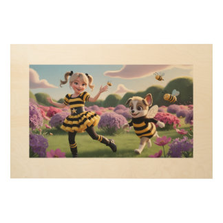 Whimsical Bee Adventure in a Flower Wonderland Wood Wall Art