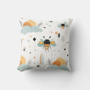 Whimsical Bee and Cloud Pattern Pillow for Kids