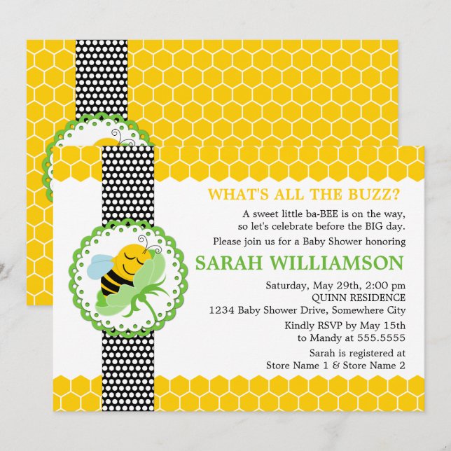 Whimsical Bee Baby Shower Invitation (Front/Back)