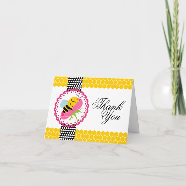 Whimsical Bee Baby Shower Pink Flower Thank You Card (Front)