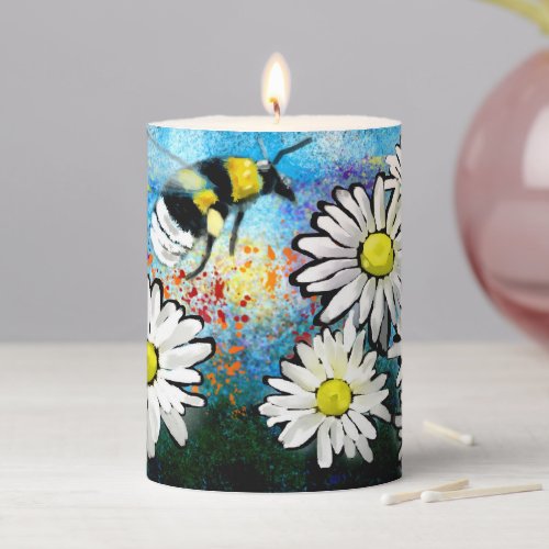 Whimsical Bee  Daisies Abstract Art Pillar Candle