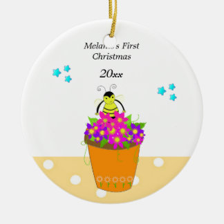 Whimsical Bee Flower Pot Baby's First Christmas Ceramic Ornament