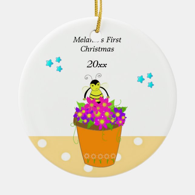 Whimsical Bee Flower Pot Baby's First Christmas Ceramic Ornament (Front)