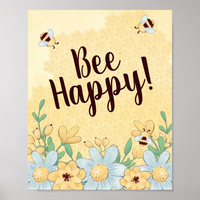 Whimsical Bee Happy Floral Poster (Front)