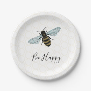 Whimsical Bee Happy Gold Honeycomb Paper Plates