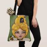 Whimsical Bee Hive Girl Artsy Woman Yellow Green Tote Bag<br><div class="desc">This whimsical tote bag is designed using my original mixed media Bee Hive Hair Girl artwork. She has a busy group of busy bees flying out of the hive, a sweet bee silhouette cameo around her neck, and a black and yellow striped top with a high white collar all set...</div>